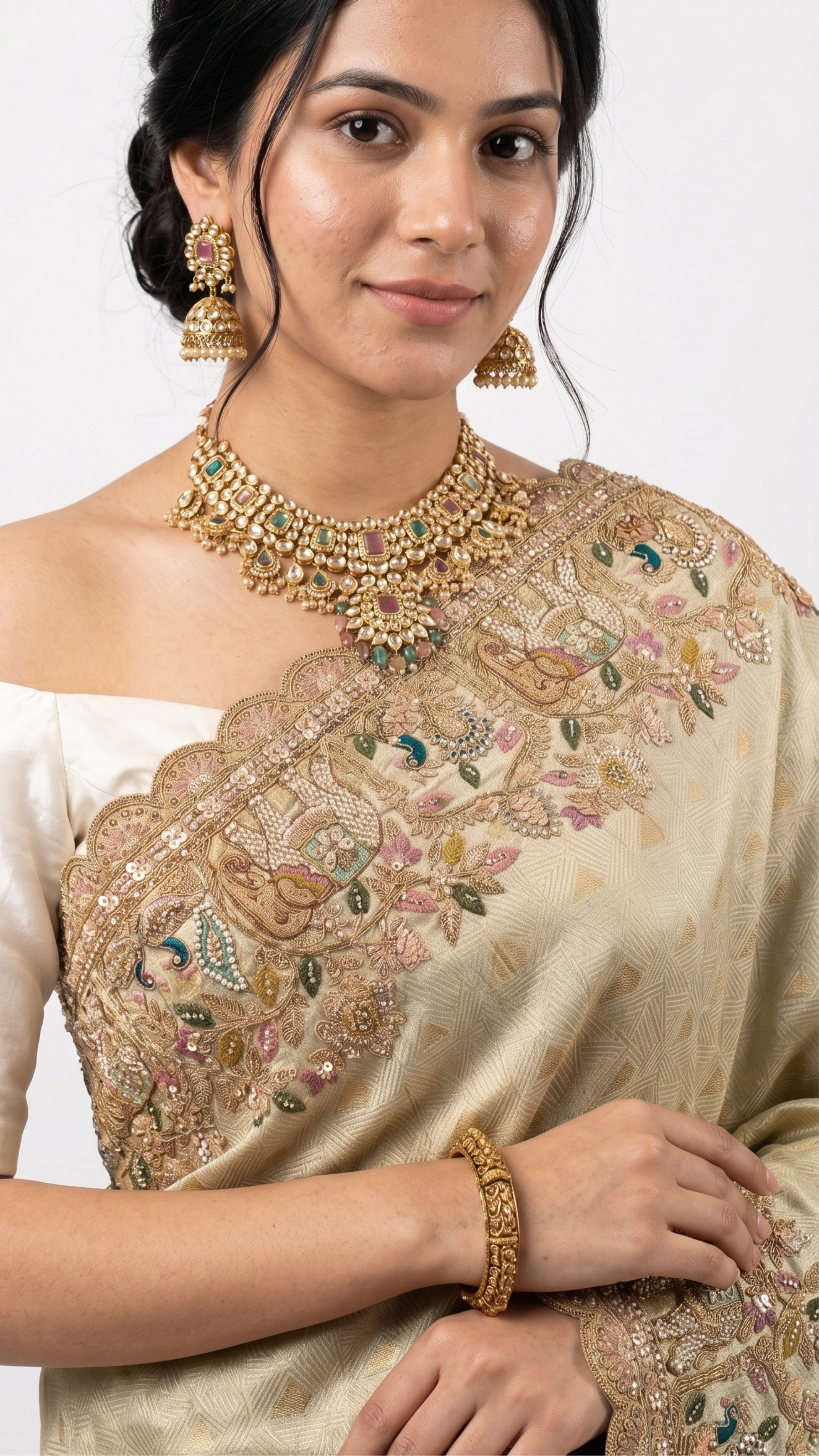 Muted Olive Gold Tissue Silk Saree Embellished with Zari, Cutdana & Zarkan Work